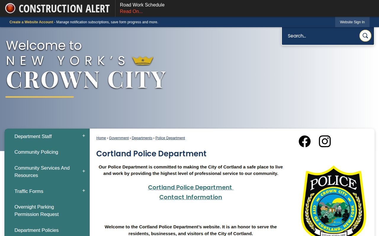 Cortland Police Department arrest-record contact page