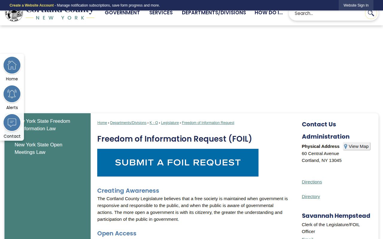 Cortland County booking record FOIL request page